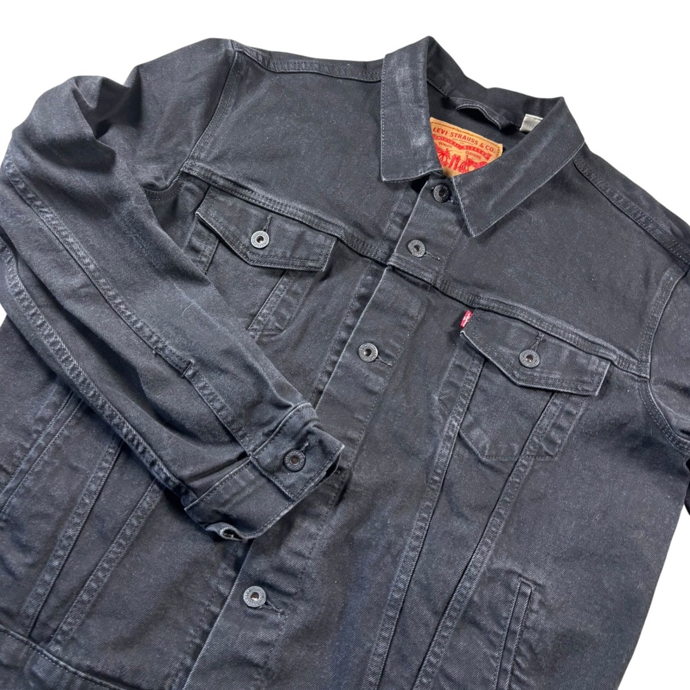 Levi's Trucker Jacket Mens L Black Denim Stretch Button Up Moto Streetwear Biker